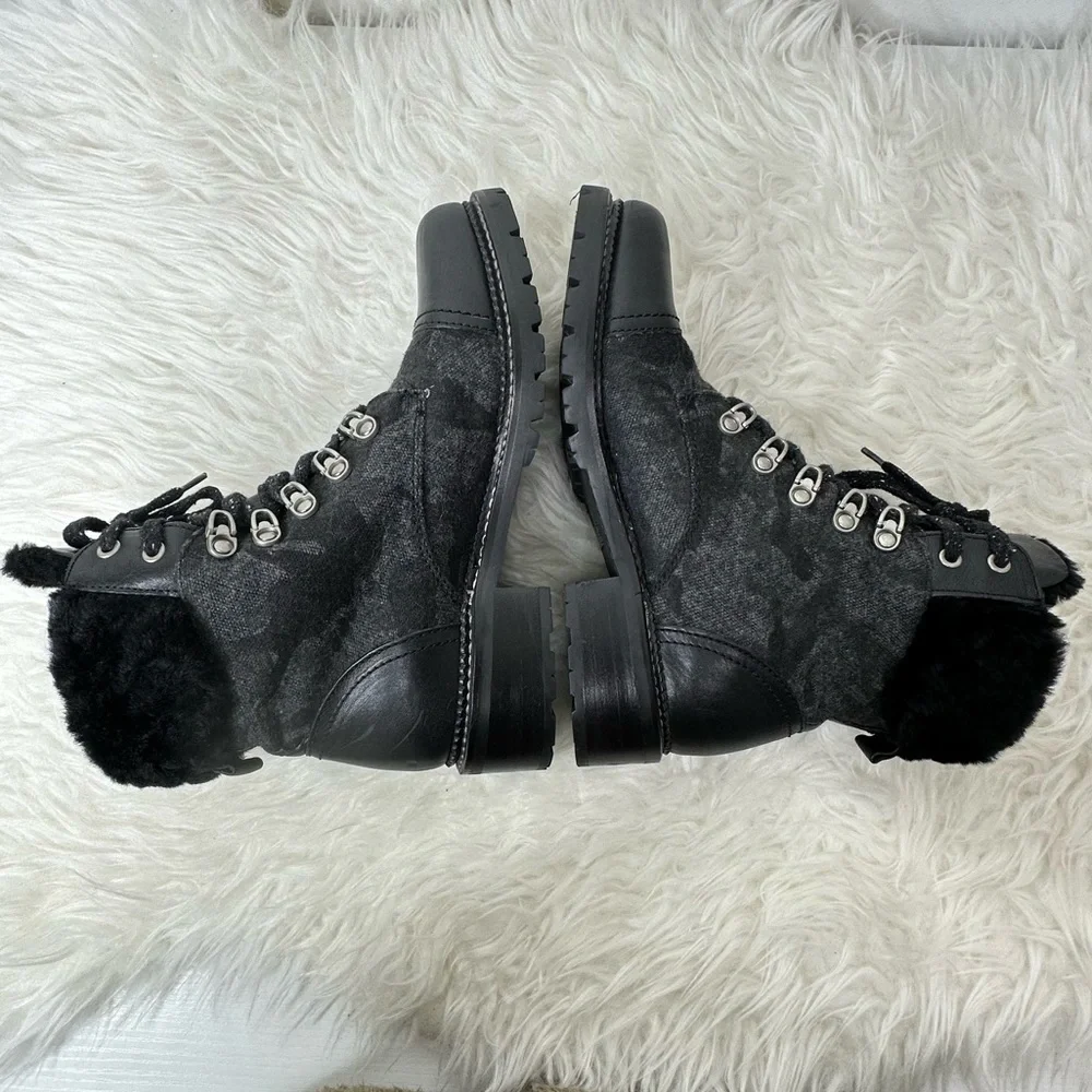 Frye Women’s Samantha Black Leather Canvas Shearling Combat Hiking Boots Size 8 - Picture 10 of 15